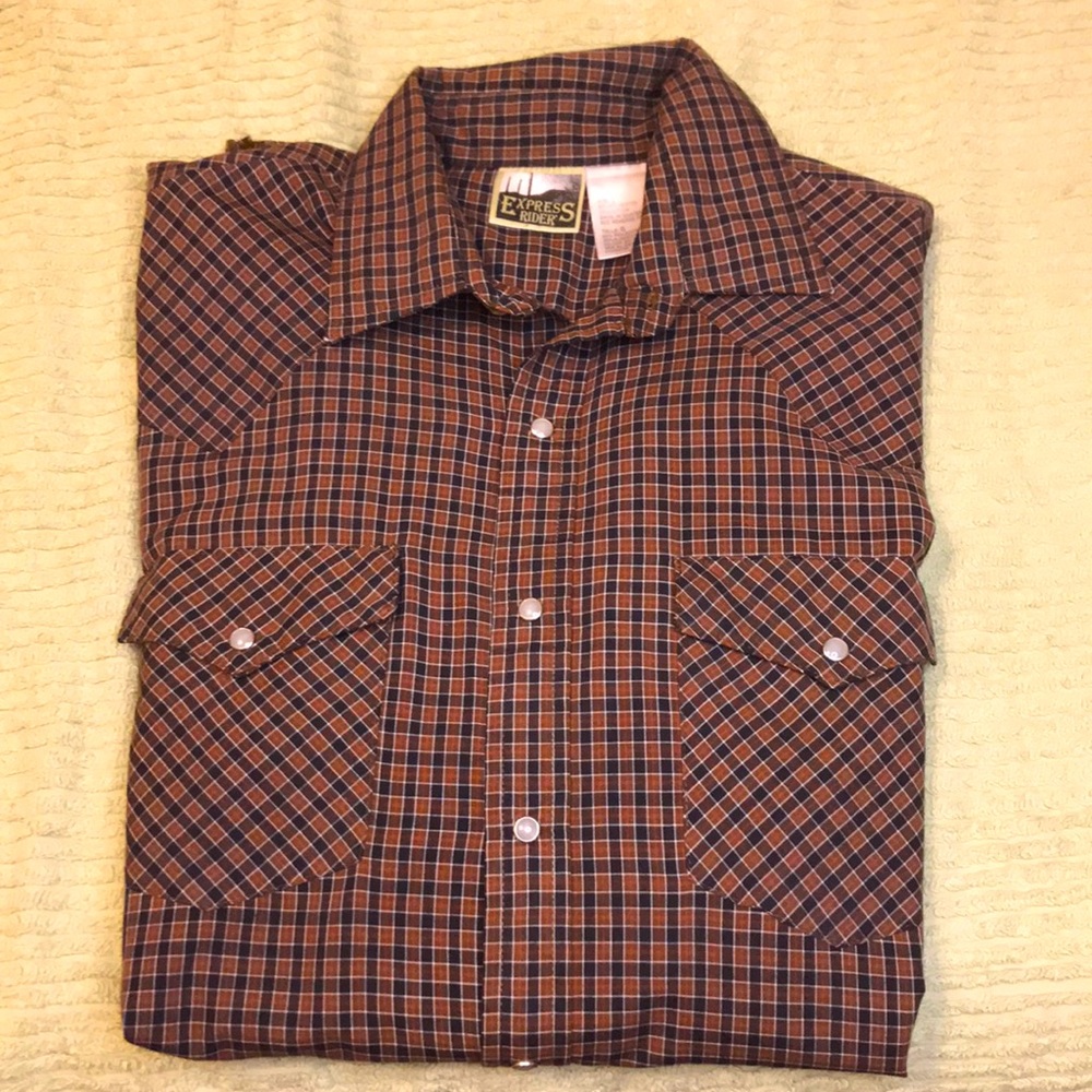 Vintage Express Rider Snap Pearl long sleeve shirt. Black and Orange plaid.